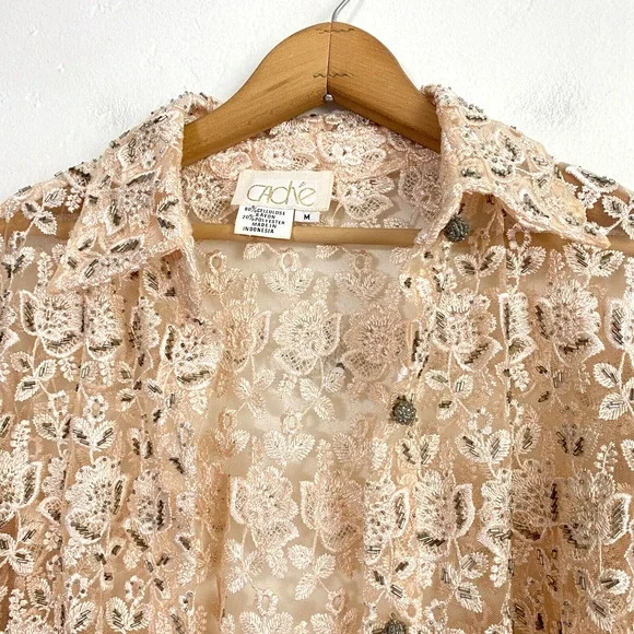 Cache Top Blouse Womens Size Medium Ivory Beaded Lace Floral Heavy - Picture 2 of 13